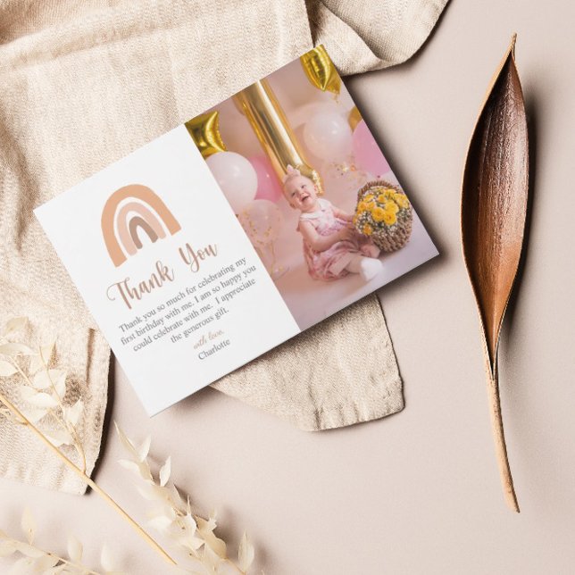 Cartão De Agradecimento Boho Rainbow Pink Pastel Primeiro Aniversário (Criador carregado)