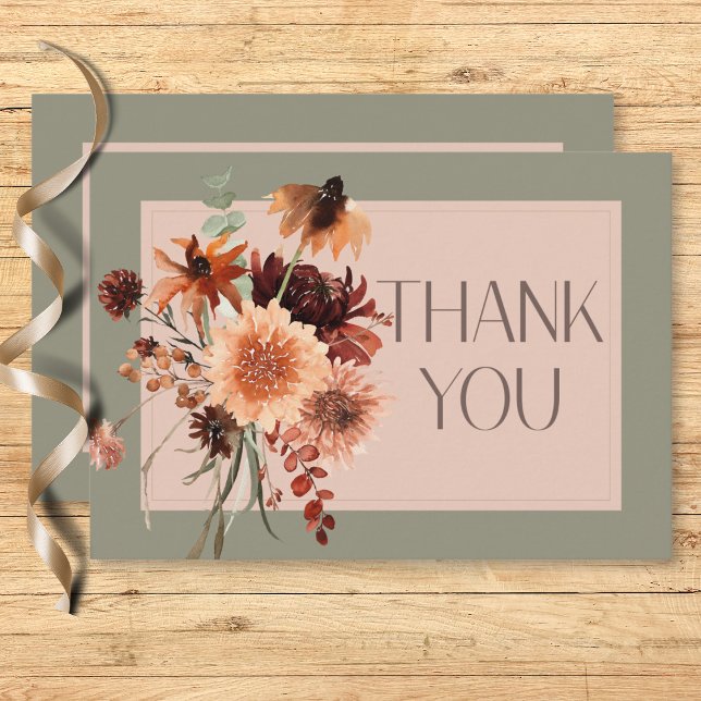 Cartão De Agradecimento Boho Rust & Neutral Fall Floral Sage Casamento Ver (Boho Rust & Neutral Fall Floral Sage Green Wedding Thank You Card)