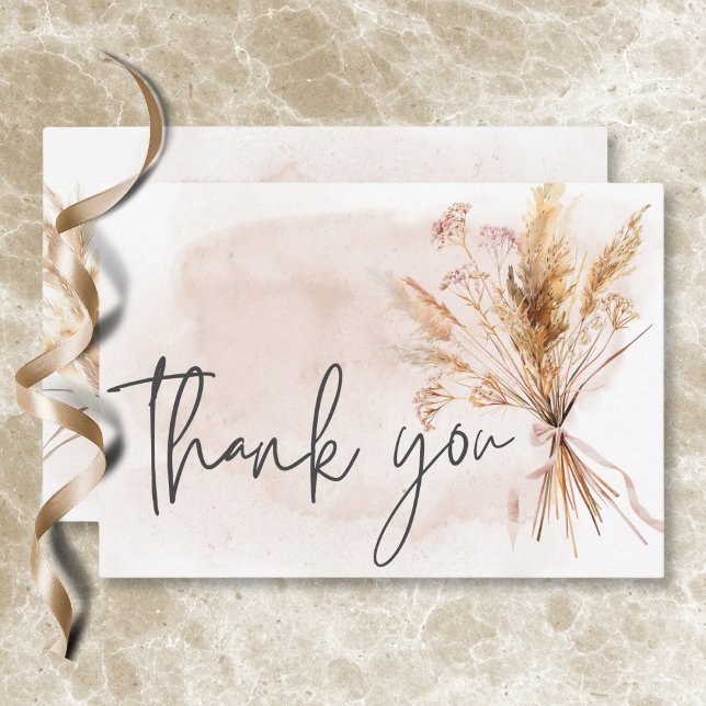Cartão De Agradecimento Boho Rustic Pampas & Casamento de Buquê de Grama S (Boho Rustic Pampas & Dried Grass Bouquet Wedding Thank You Card)