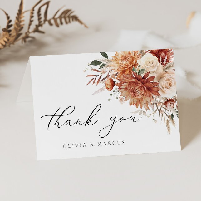 Cartão De Agradecimento Boho Terracotta Dahlia Casamento Elegante Floral (Criador carregado)
