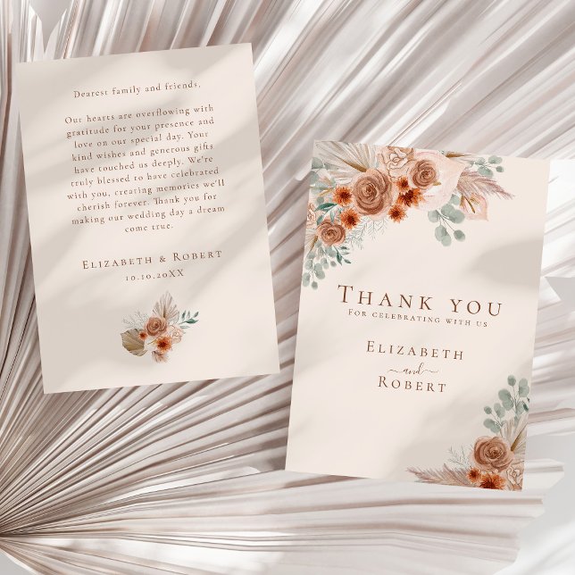 Cartão De Agradecimento Boho Terracotta Floral Pampas Grass Casamento (Boho Terracotta Floral Pampas Grass Wedding Thank You Card on a sunny neutral dry palm leaf.)