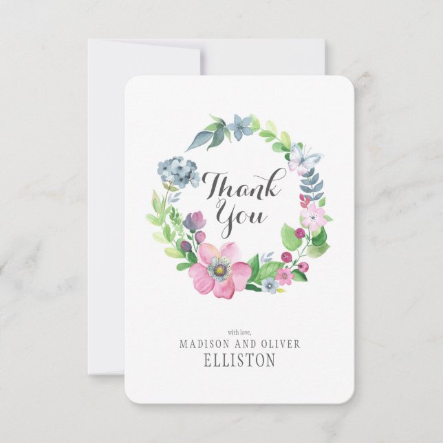 Cartão De Agradecimento Boho Watercolor Floral & Butterfly | Obrigado (Frente)