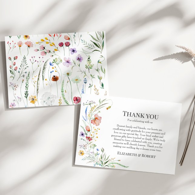 Cartão De Agradecimento Boho Wildflower Meadow Wedding (Boho Wildflower Meadow Wedding Thank You Card on a sunny white table.)