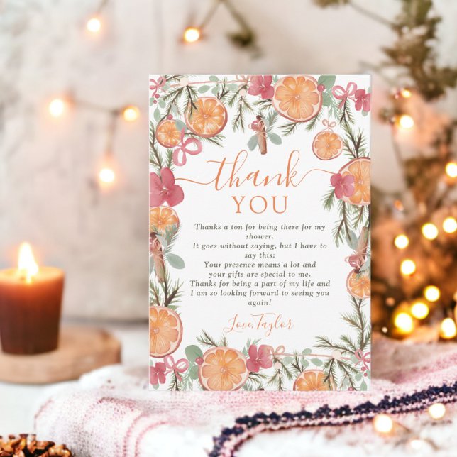Cartão De Agradecimento Boho Winter Dried Citrus Floral Chá de panela (Boho Winter Dried Citrus Floral Bridal shower Thank You Card)