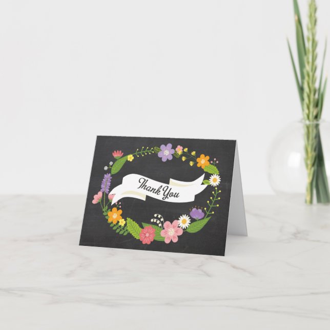 Cartão De Agradecimento Boho Woodland Wreath no Casamento Chalkboard (Frente)