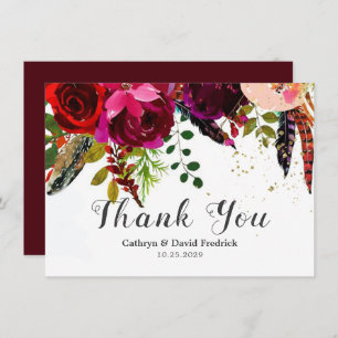 Cartão De Agradecimento Bold Boho Burgundy Floral Wedding Flat