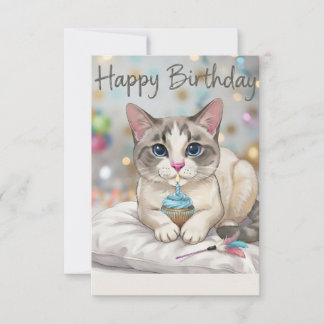 Cartão De Agradecimento Bolo de Aniversário de Gato Fofo Tom Azul