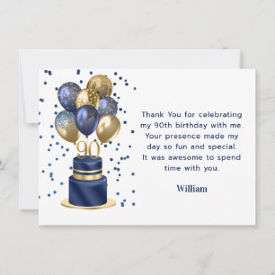 Cartão De Agradecimento Bolo de Balão Azul Marinho de Aniversário de 90 An