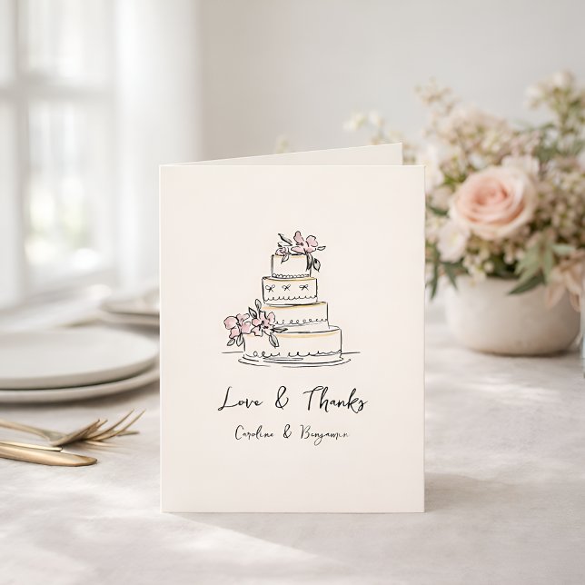 Cartão De Agradecimento Bolo de Casamento Desenhado à Mão em Rosa e Amarel (Criador carregado)