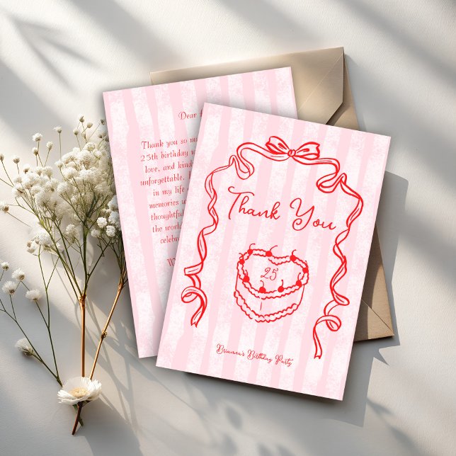 Cartão De Agradecimento Bolo de cereja laço pink coquette festa de anivers (Cherry cake pink coquette handrawn sketch bow birthday party thank you cards)