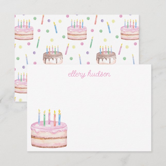 Cartão De Agradecimento Bolo de Nascimento Rosa de Aquarela Personalizado (Frente/Verso)