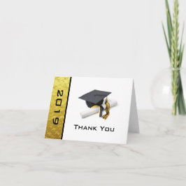 Cartão De Agradecimento Boné de formatura amarelo preto e Dourado e etique