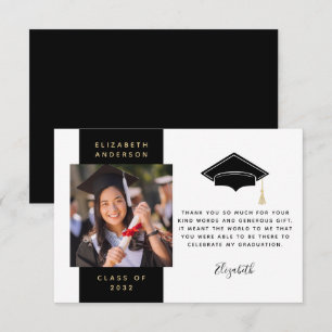 Cartão De Agradecimento Boné de formatura de Fotografia Dourada Preta