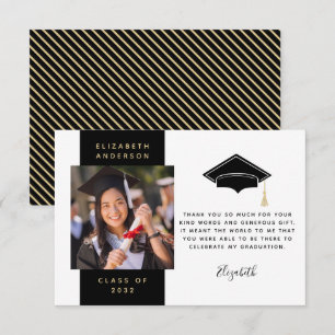 Cartão De Agradecimento Boné de formatura de Fotografia Dourada Preta