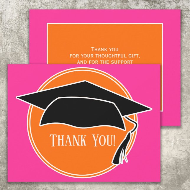 Cartão De Agradecimento Boné de formatura Rosa Laranja Obrigado (Pink and orange graduation cap "thank you" card)