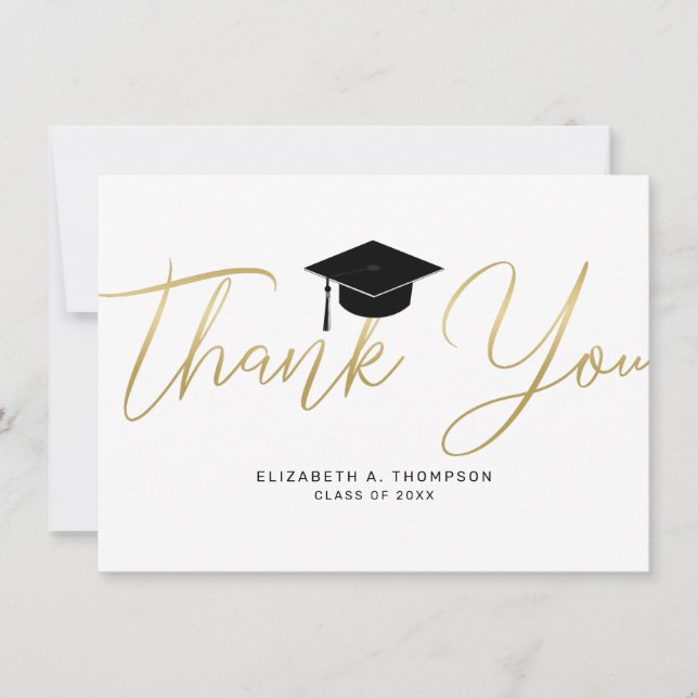 Cartão De Agradecimento Boné Dourado De Graduação Chic Obrigado Script (Frente)