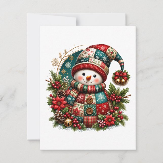 Cartão De Agradecimento Boneco de Neve de Patchwork de Natal (Frente)