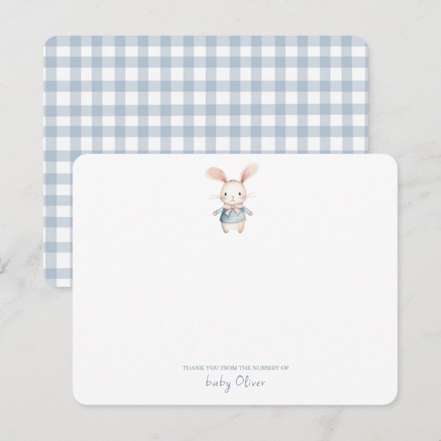 Cartão De Agradecimento Bonita Aquarela Bunny Gingham Flat Obrigado (Frente/Verso)