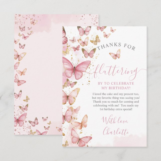 Cartão De Agradecimento Bonito borboleta rosa Garota 1 rua Primeiro Aniver (Frente/Verso)