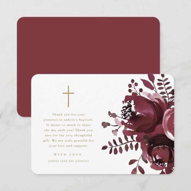 Cartão De Agradecimento Bonito Burgundy Floral Cross Baptism Obrigado (Frente/Verso)