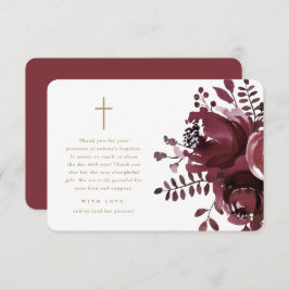 Cartão De Agradecimento Bonito Burgundy Floral Cross Baptism Obrigado