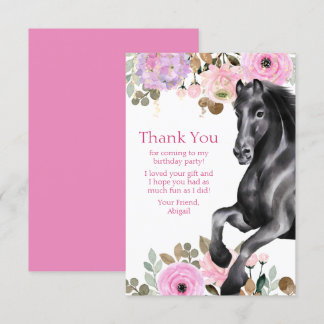 Cartão De Agradecimento Bonito Cavalo Negro com Flores Rosa Aniversário