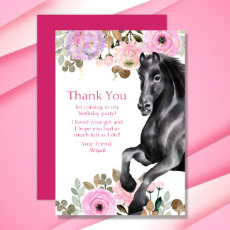 Cartão De Agradecimento Bonito Cavalo Negro com Flores Rosa Aniversário