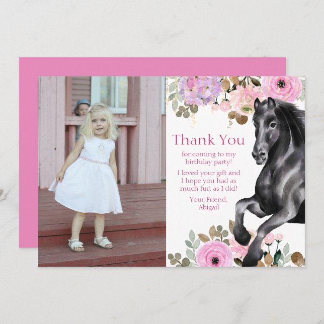 Cartão De Agradecimento Bonito Cavalo Negro e Flores Rosa Foto de Aniversá (Frente/Verso)