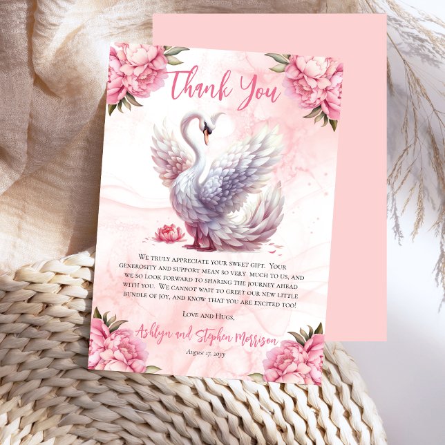 Cartão De Agradecimento Bonito Chá de fraldas De Rapariga Floral Rosa-Rosa (Beautiful Swan Pink Floral Girl Baby Shower Thank you Card)