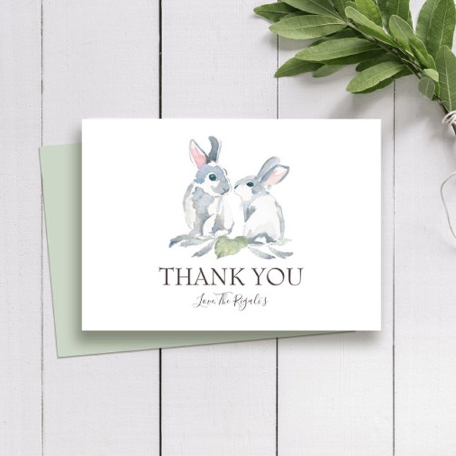 Cartão De Agradecimento Bonito Pintado Cana-de-Água Bunny e Folhas Verdes (Bunny thank you cards unique watercolor rabbit art by Victoria Grigaliunas of Do Tell A Belle Zazzle)