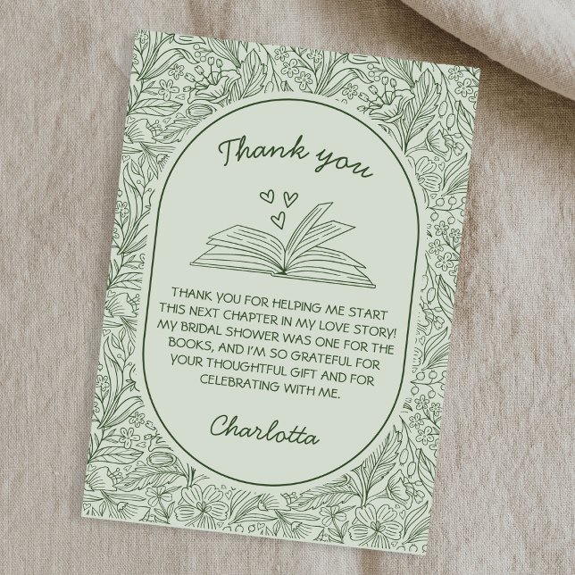 Cartão De Agradecimento Book Club Theme Floral Sage Green Bridal Shower (Book Club Theme Floral Sage Green Bridal Shower Thank You Card)