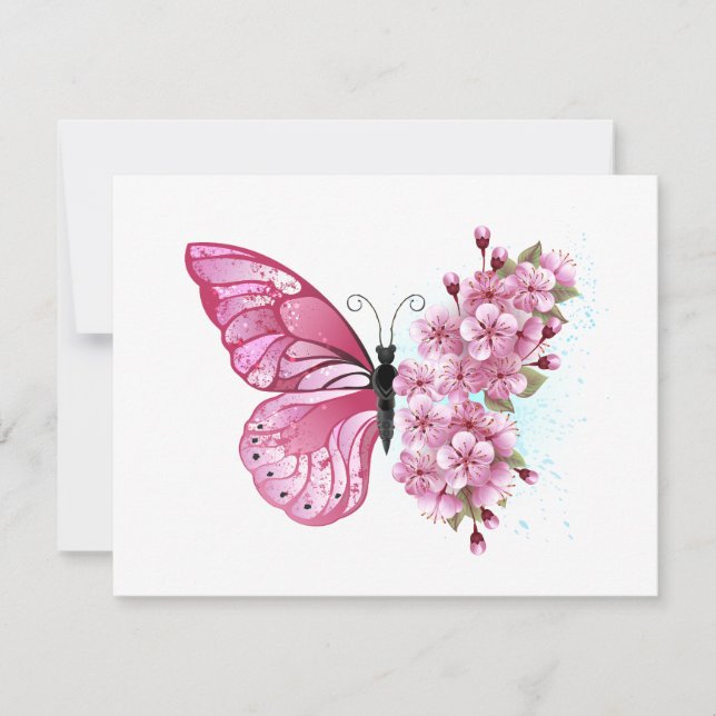 Cartão De Agradecimento Borboleta Flor com Sakura Rosa (Frente)