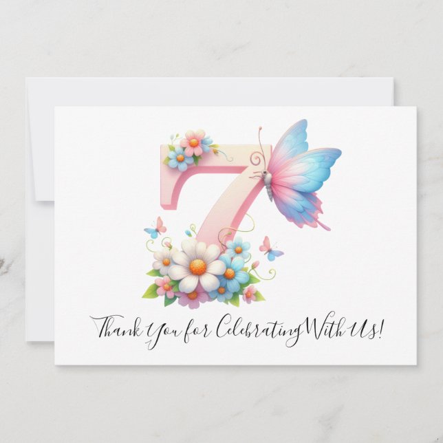 Cartão De Agradecimento Borboleta Floral Bonita Sétimo Aniversário Obrigad (Frente)