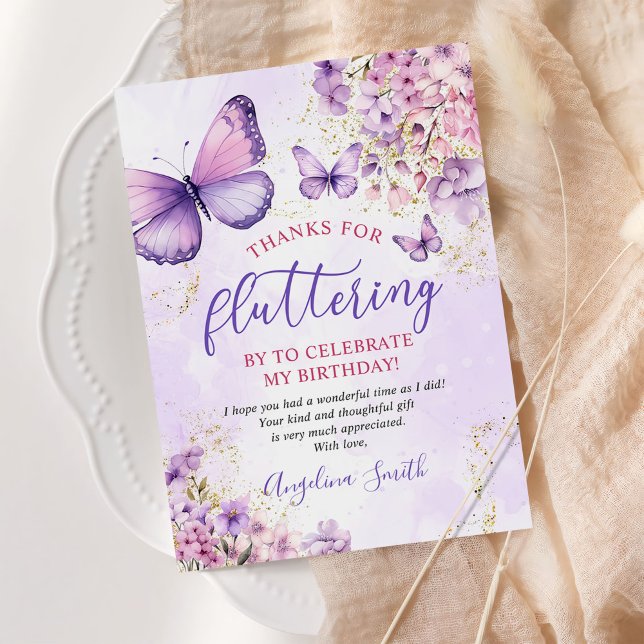 Cartão De Agradecimento Borboleta Floral Roxa e Dourada Aniversário (Criador carregado)