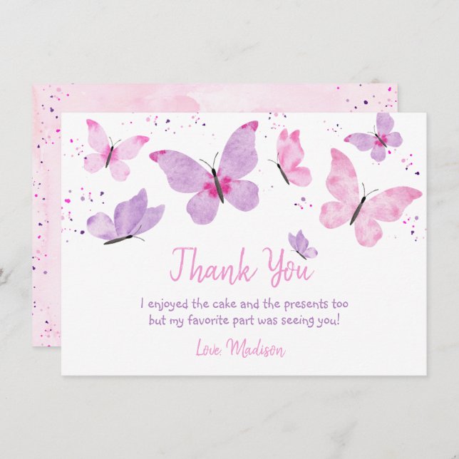 Cartão De Agradecimento Borboleta Rosa Púrpura Aniversário (Frente/Verso)