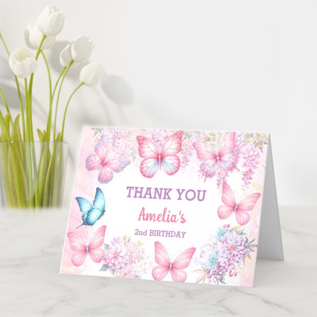 Cartão De Agradecimento Borboleta Rosa Púrpura Pastel Summer Girl Aniversá (Butterfly Pink Purple Pastel Summer Girl Birthday Thank You Card)