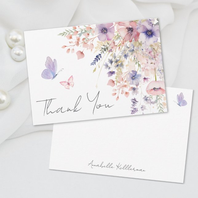Cartão De Agradecimento Borboleta Rubor Rosa Roxo Flor Silvestre (Butterfly Blush Pink Purple Wildflower Thank You Card)