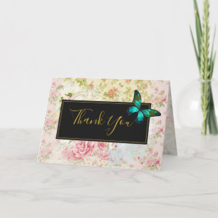 Cartão De Agradecimento Borboleta Verde em Colagem Vintage Chic Obrigada