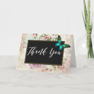 Cartão De Agradecimento Borboleta Verde sobre Colagem de Vintagem Chic Obr