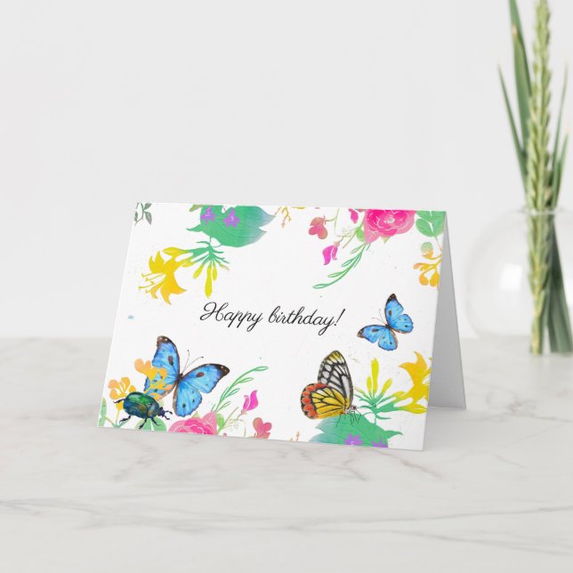 Cartão De Agradecimento Borboletas e flores em aquarela (Frente)