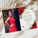 Cartão De Agradecimento Borboletas Florais Rosa vermelha Quinceañera Sweet<br><div class="desc">Personalize este cartões de agradecimentos de fotos de aniversário de Quinceañera, floral vermelho vibrante e boho, Quinceañera / Sweet 16, fácil e rapidamente. Basta clicar no botão personalizar para editar os textos, alterar as fontes e as cores das fontes. Apresentando belas rosas vermelhas brilhantes e borboletas vermelhas e douradas. Itens...</div>