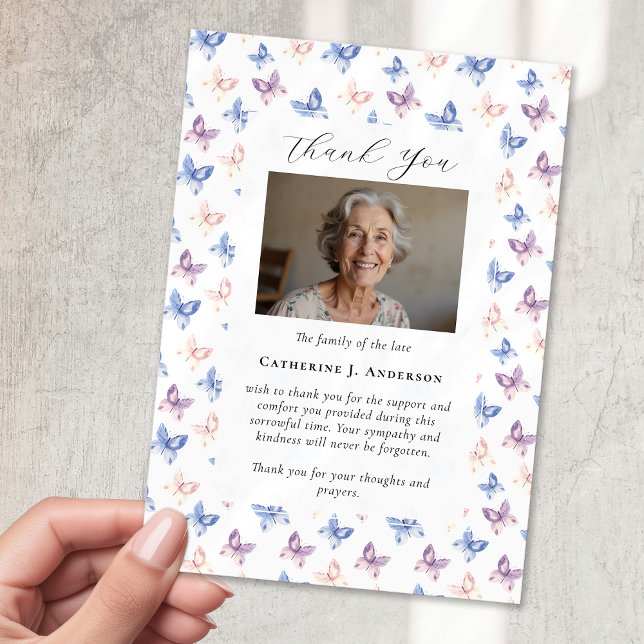 Cartão De Agradecimento Borboletas Lilac Blue Simpatia Foto Funeral (Criador carregado)
