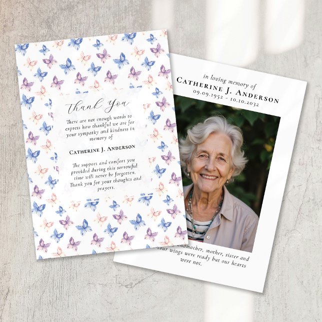 Cartão De Agradecimento Borboletas Lilac Blue Simpatia Foto Funeral (Criador carregado)
