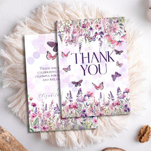 Cartão De Agradecimento Borboletas roxas e flores silvestres, cor-de-rosa
