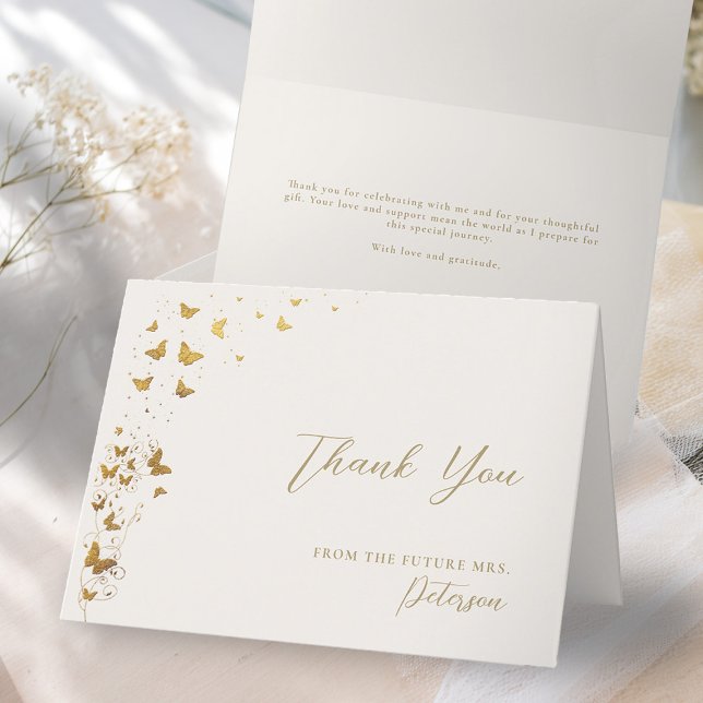 Cartão De Agradecimento Borboletas vitalícias Chá de panela Dourado (butterflies bridal shower folded thank you card garden vines lifetime romantic gold ivory elegant )