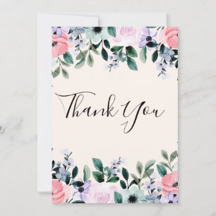 Cartão De Agradecimento Borda Floral Cor Verde Púrpura Rosa