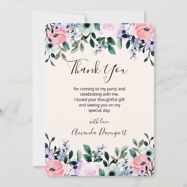 Cartão De Agradecimento Borda Floral Cor Verde Púrpura Rosa (Frente)