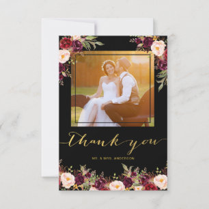 Cartão De Agradecimento Bordô Floral Dourado Preto Foto Casamento Agradeci