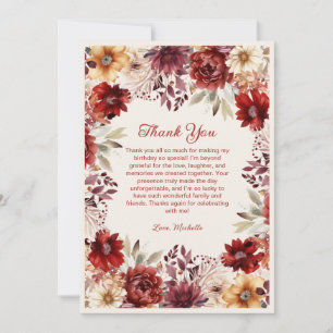 Cartão De Agradecimento Borgonha Floral Creme Obrigado de Aniversário