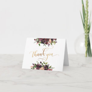 Cartão De Agradecimento Borgonha Vermelho & Floral Rosa, Dourado Obrigado 